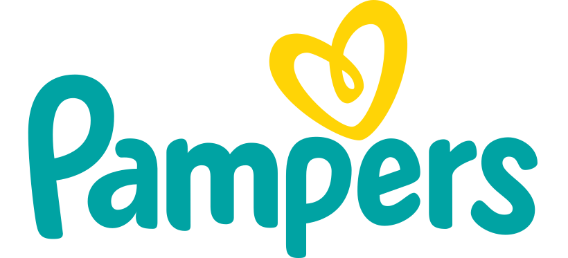 Pampers logo with teal text and a yellow heart on a white background